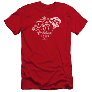 AN OFFCIALLY LICENSED LOONEY TUNES DAFFY HOLIDAYS MEN'S PREMIUM SLIM FIT T-SHIRT RED