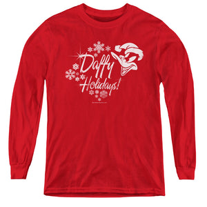 AN OFFCIALLY LICENSED LOONEY TUNES DAFFY HOLIDAYS YOUTH LONG SLEEVE T-SHIRT RED