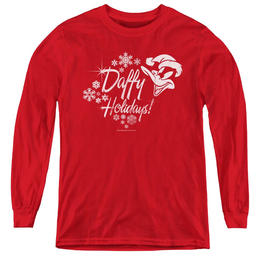 AN OFFCIALLY LICENSED LOONEY TUNES DAFFY HOLIDAYS YOUTH LONG SLEEVE T-SHIRT RED