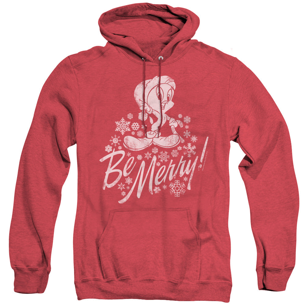 AN OFFCIALLY LICENSED LOONEY TUNES MERRY TWEETY ADULT UNISEX HEATHER PULLOVER HOODIE RED