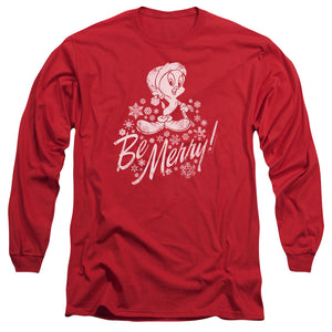 AN OFFCIALLY LICENSED LOONEY TUNES MERRY TWEETY MEN'S LONG SLEEVE T-SHIRT RED