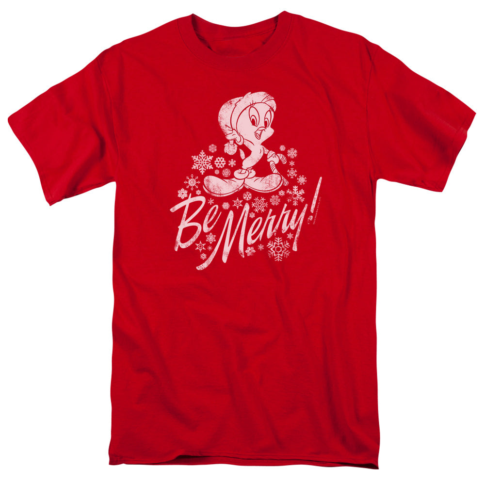 AN OFFCIALLY LICENSED LOONEY TUNES MERRY TWEETY MEN'S REGULAR FIT T-SHIRT RED