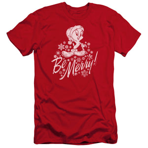 AN OFFCIALLY LICENSED LOONEY TUNES MERRY TWEETY MEN'S PREMIUM SLIM FIT T-SHIRT RED