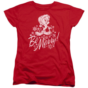 AN OFFCIALLY LICENSED LOONEY TUNES MERRY TWEETY WOMEN'S REGULAR FIT T-SHIRT RED