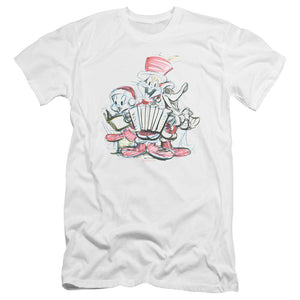 AN OFFCIALLY LICENSED LOONEY TUNES HOLIDAY SKETCH MEN'S PREMIUM SLIM FIT T-SHIRT WHITE