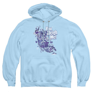 AN OFFCIALLY LICENSED LOONEY TUNES YOU SLEIGH ME ADULT UNISEX PULLOVER HOODIE LIGHT BLUE