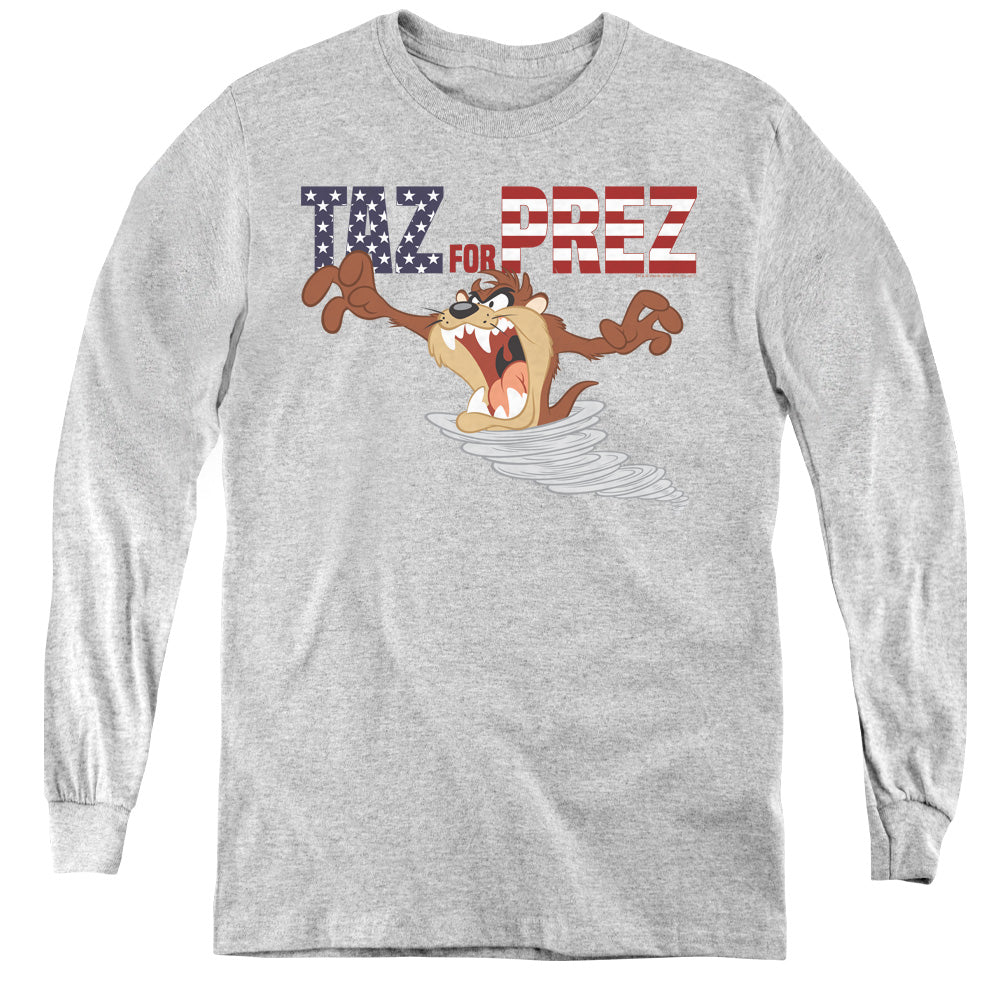AN OFFCIALLY LICENSED LOONEY TUNES TAZ FOR PREZ 3 YOUTH LONG SLEEVE T-SHIRT ATHLETIC HEATHER