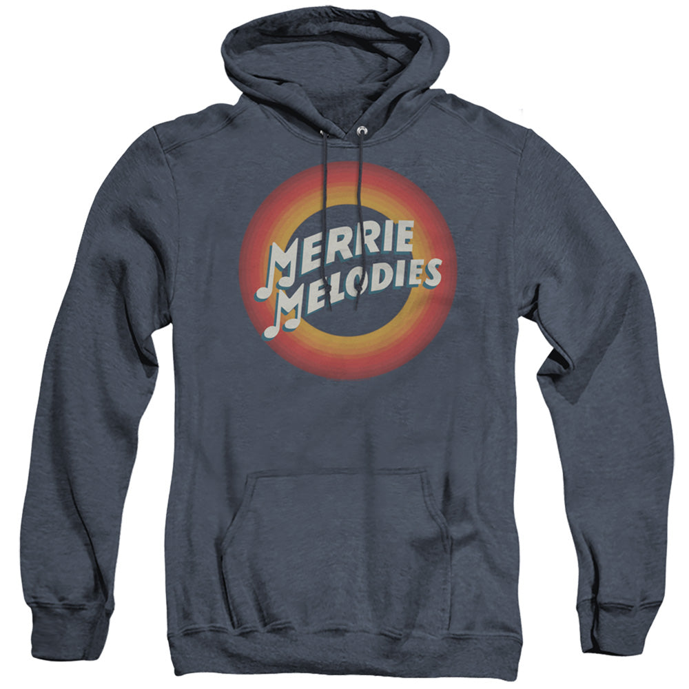 AN OFFCIALLY LICENSED LOONEY TUNES MERRIE LOGO ADULT UNISEX HEATHER PULLOVER HOODIE NAVY