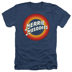 AN OFFCIALLY LICENSED LOONEY TUNES MERRIE LOGO MEN'S HEATHER T-SHIRT NAVY