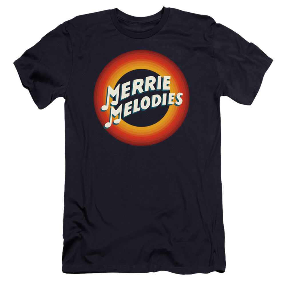 AN OFFCIALLY LICENSED LOONEY TUNES MERRIE LOGO MEN'S PREMIUM SLIM FIT T-SHIRT NAVY