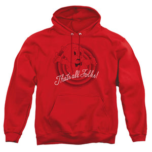 AN OFFCIALLY LICENSED LOONEY TUNES THATS ALL FOLKS ADULT UNISEX PULLOVER HOODIE RED
