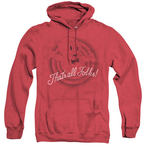 AN OFFCIALLY LICENSED LOONEY TUNES THATS ALL FOLKS ADULT UNISEX HEATHER PULLOVER HOODIE RED