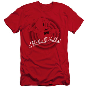 AN OFFCIALLY LICENSED LOONEY TUNES THATS ALL FOLKS MEN'S PREMIUM SLIM FIT T-SHIRT RED