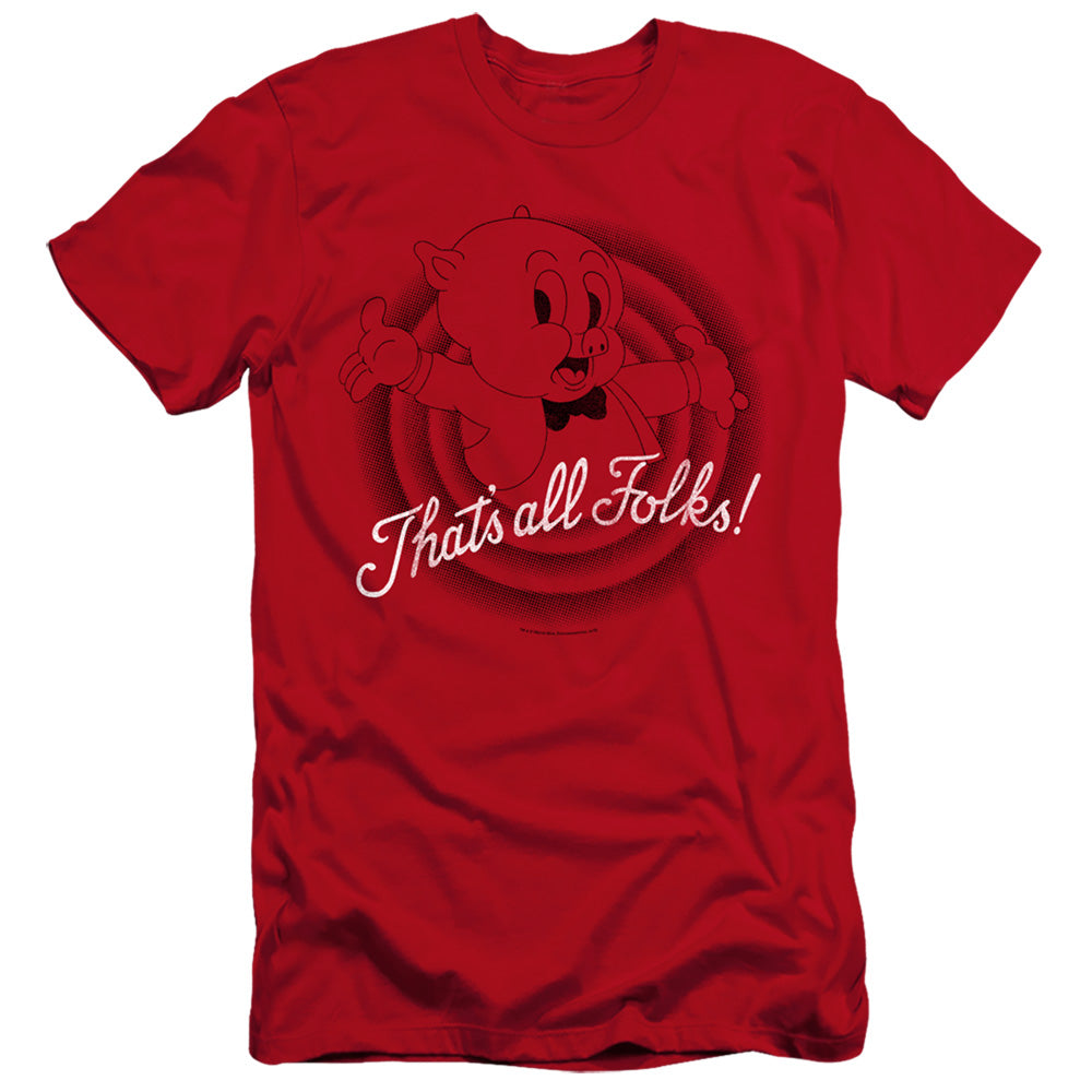 AN OFFCIALLY LICENSED LOONEY TUNES THATS ALL FOLKS MEN'S PREMIUM SLIM FIT T-SHIRT RED