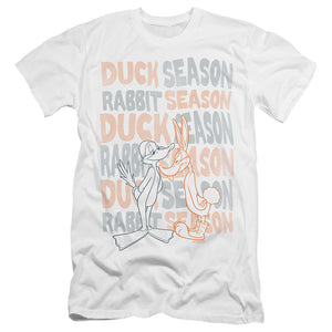 AN OFFCIALLY LICENSED LOONEY TUNES DUCK SEASON RABBIT SEASON MEN'S PREMIUM SLIM FIT T-SHIRT WHITE