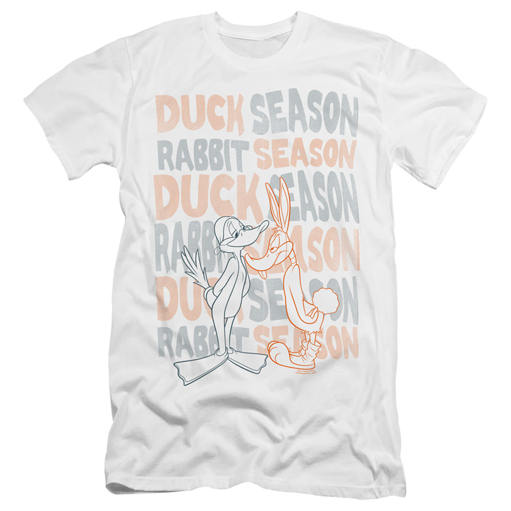 AN OFFCIALLY LICENSED LOONEY TUNES DUCK SEASON RABBIT SEASON MEN'S PREMIUM SLIM FIT T-SHIRT WHITE