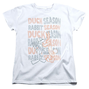 AN OFFCIALLY LICENSED LOONEY TUNES DUCK SEASON RABBIT SEASON WOMEN'S REGULAR FIT T-SHIRT WHITE