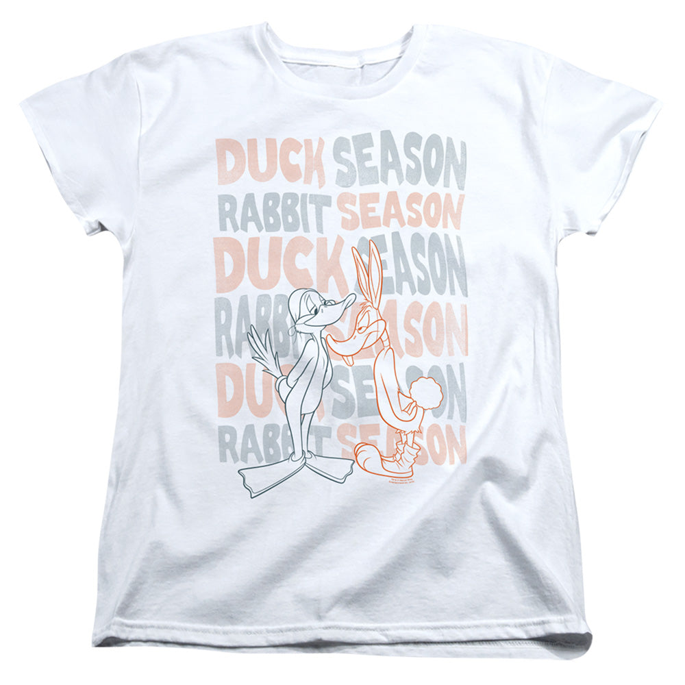 AN OFFCIALLY LICENSED LOONEY TUNES DUCK SEASON RABBIT SEASON WOMEN'S REGULAR FIT T-SHIRT WHITE