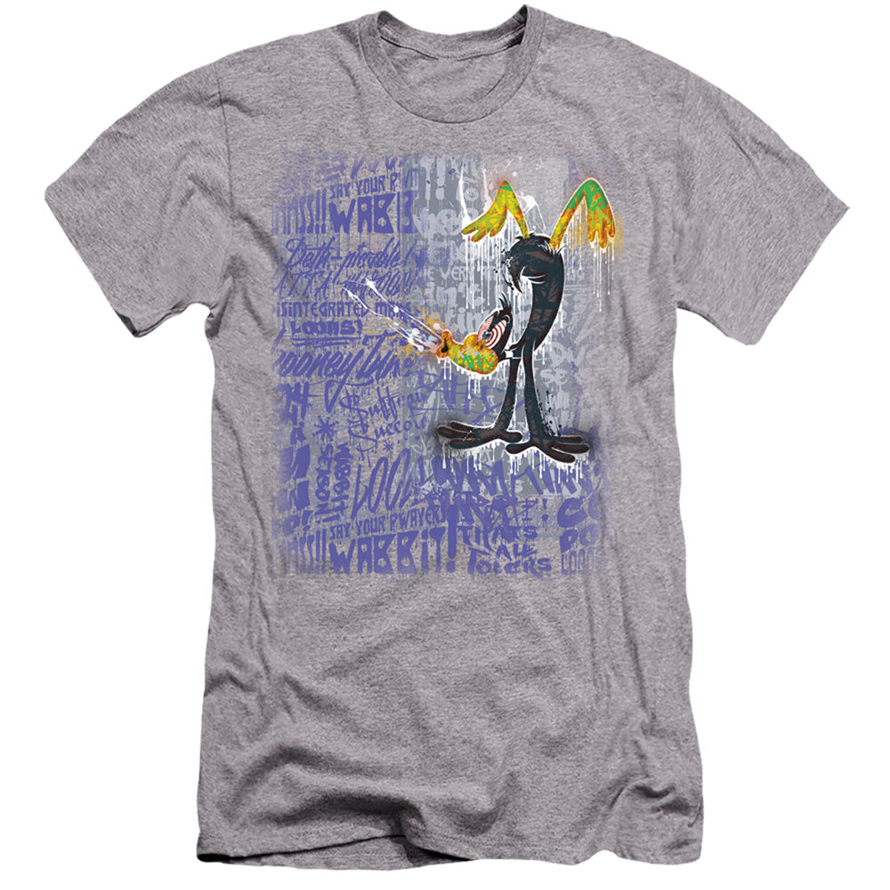 AN OFFCIALLY LICENSED LOONEY TUNES GRAFFITI DUCK MEN'S PREMIUM SLIM FIT T-SHIRT ATHLETIC HEATHER
