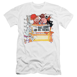AN OFFCIALLY LICENSED LOONEY TUNES BUGS AND FRIENDS MEN'S PREMIUM SLIM FIT T-SHIRT WHITE