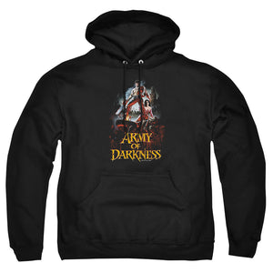 AN OFFCIALLY LICENSED ARMY OF DARKNESS BLOODY POSTER ADULT UNISEX PULLOVER HOODIE BLACK