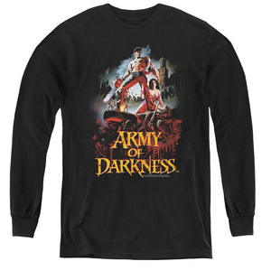 AN OFFCIALLY LICENSED ARMY OF DARKNESS BLOODY POSTER YOUTH LONG SLEEVE T-SHIRT BLACK
