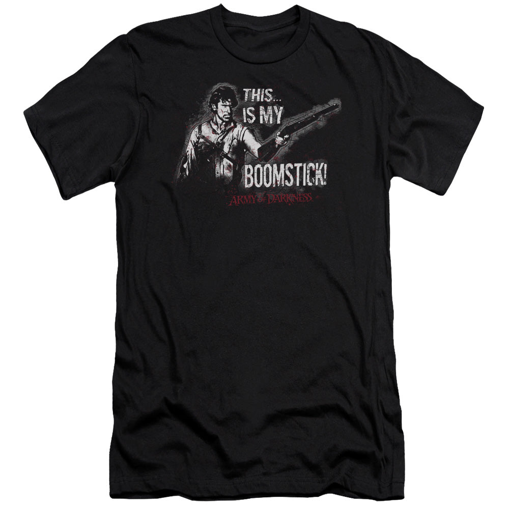 AN OFFCIALLY LICENSED ARMY OF DARKNESS BOOMSTICK MEN'S PREMIUM SLIM FIT T-SHIRT BLACK