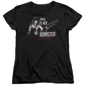 AN OFFCIALLY LICENSED ARMY OF DARKNESS BOOMSTICK WOMEN'S REGULAR FIT T-SHIRT BLACK