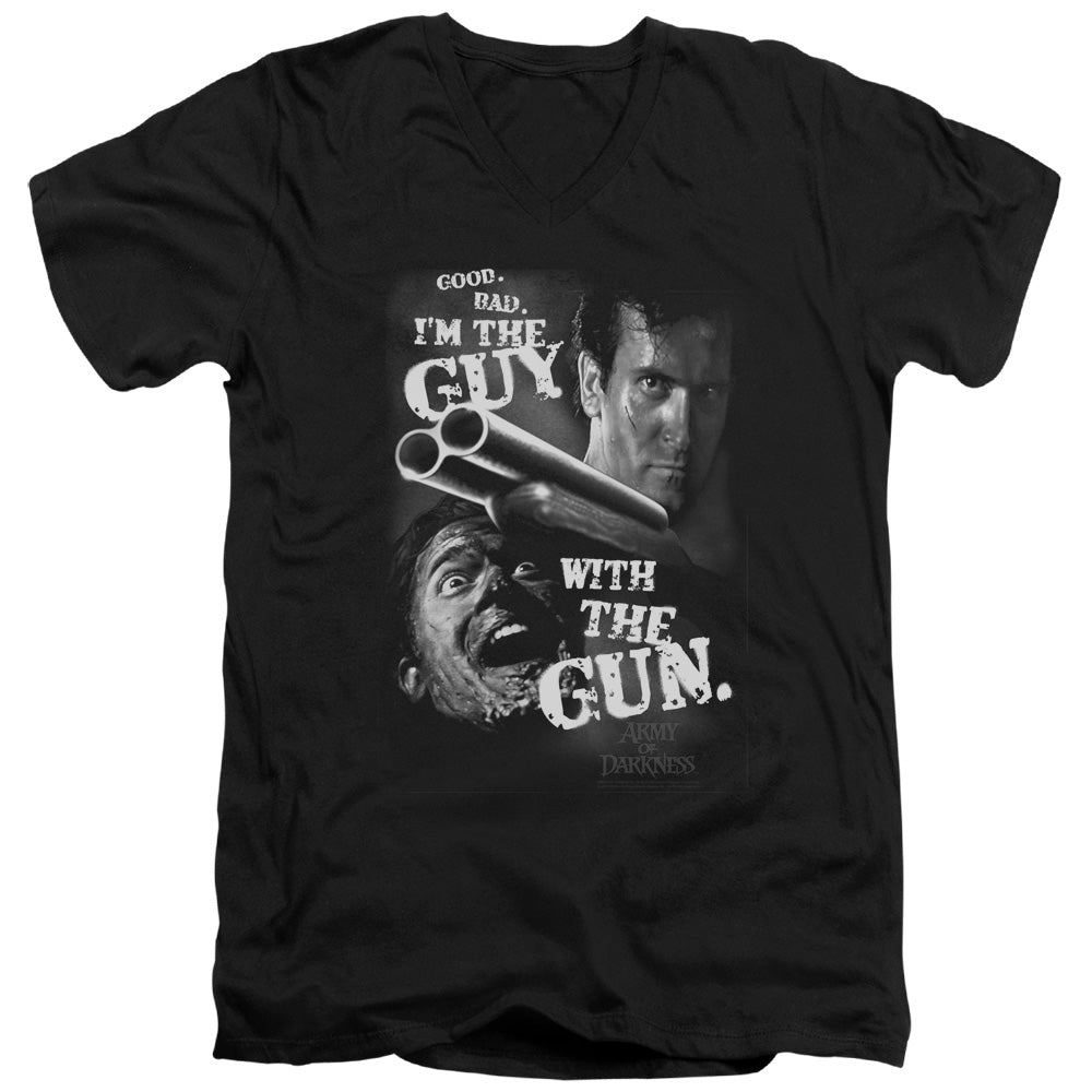 AN OFFCIALLY LICENSED ARMY OF DARKNESS GUY WITH THE GUN MEN'S V-NECK T-SHIRT BLACK
