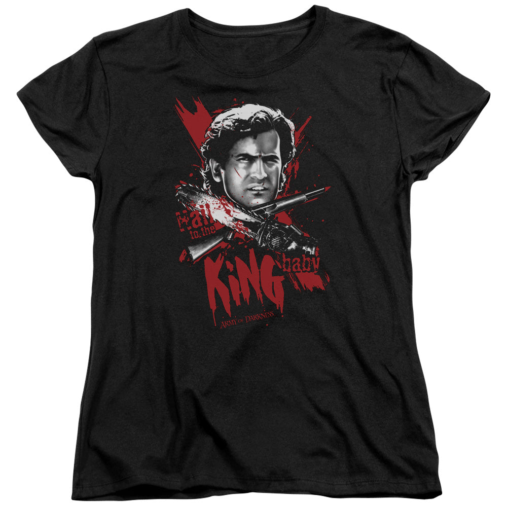 AN OFFCIALLY LICENSED ARMY OF DARKNESS HAIL TO THE KING WOMEN'S REGULAR FIT T-SHIRT BLACK