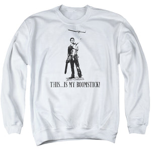AN OFFCIALLY LICENSED ARMY OF DARKNESS BOOMSTICK! ADULT UNISEX CREWNECK SWEATSHIRT WHITE