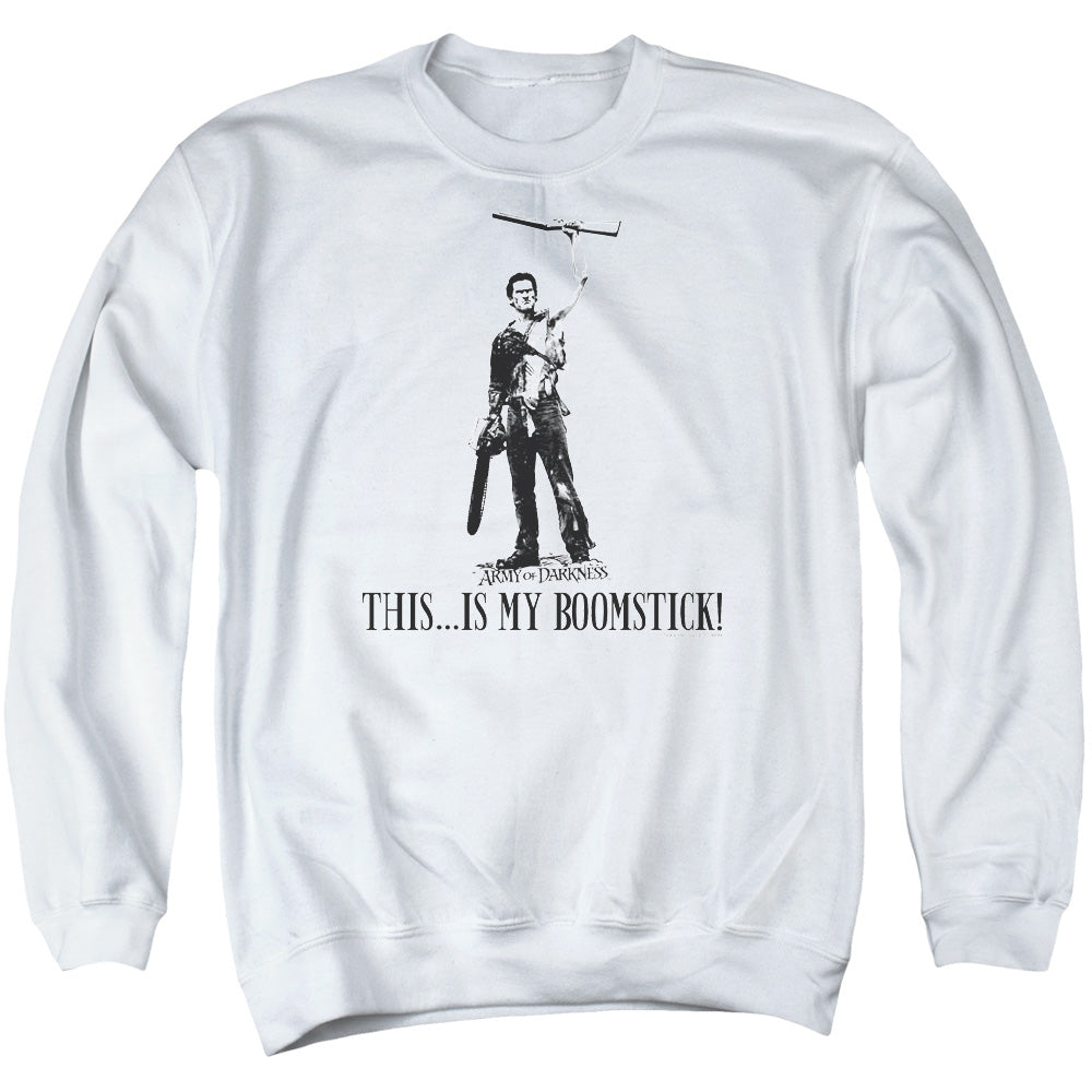 AN OFFCIALLY LICENSED ARMY OF DARKNESS BOOMSTICK! ADULT UNISEX CREWNECK SWEATSHIRT WHITE