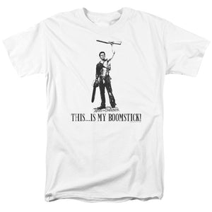 AN OFFCIALLY LICENSED ARMY OF DARKNESS BOOMSTICK! MEN'S REGULAR FIT T-SHIRT WHITE