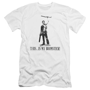 AN OFFCIALLY LICENSED ARMY OF DARKNESS BOOMSTICK! MEN'S PREMIUM SLIM FIT T-SHIRT WHITE