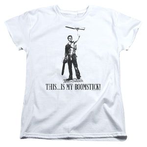 AN OFFCIALLY LICENSED ARMY OF DARKNESS BOOMSTICK! WOMEN'S REGULAR FIT T-SHIRT WHITE