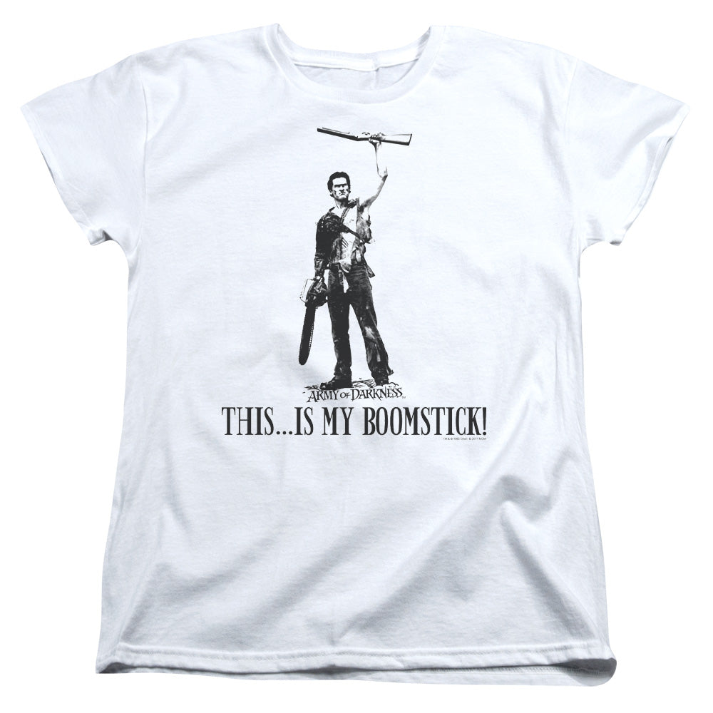 AN OFFCIALLY LICENSED ARMY OF DARKNESS BOOMSTICK! WOMEN'S REGULAR FIT T-SHIRT WHITE