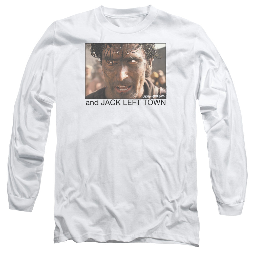 AN OFFCIALLY LICENSED ARMY OF DARKNESS JACK LEFT TOWN MEN'S LONG SLEEVE T-SHIRT WHITE