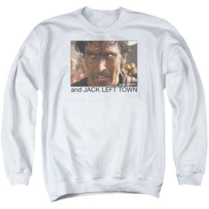 AN OFFCIALLY LICENSED ARMY OF DARKNESS JACK LEFT TOWN ADULT UNISEX CREWNECK SWEATSHIRT WHITE