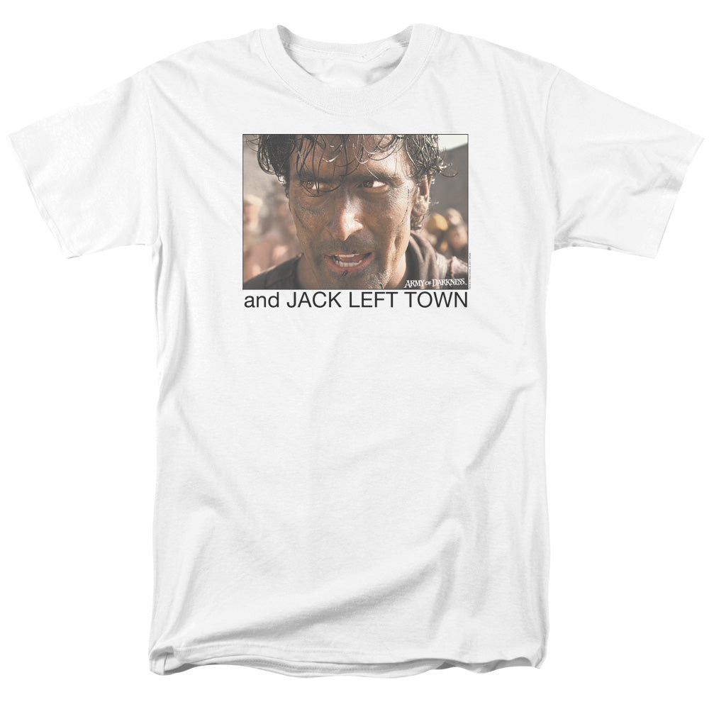 AN OFFCIALLY LICENSED ARMY OF DARKNESS JACK LEFT TOWN MEN'S REGULAR FIT T-SHIRT WHITE