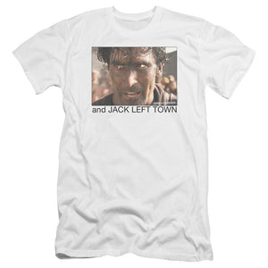 AN OFFCIALLY LICENSED ARMY OF DARKNESS JACK LEFT TOWN MEN'S PREMIUM SLIM FIT T-SHIRT WHITE