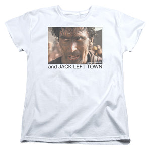 AN OFFCIALLY LICENSED ARMY OF DARKNESS JACK LEFT TOWN WOMEN'S REGULAR FIT T-SHIRT WHITE