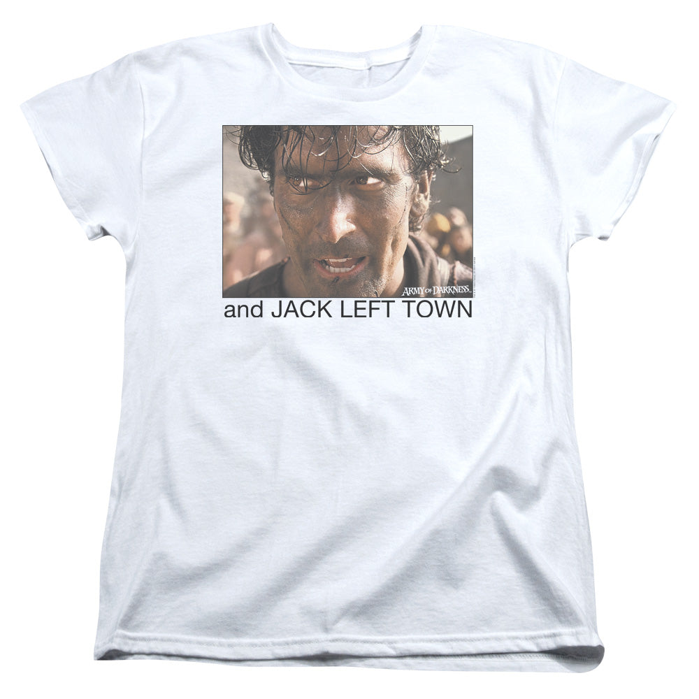 AN OFFCIALLY LICENSED ARMY OF DARKNESS JACK LEFT TOWN WOMEN'S REGULAR FIT T-SHIRT WHITE