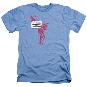 AN OFFCIALLY LICENSED ARMY OF DARKNESS S MART NAME TAG MEN'S HEATHER T-SHIRT LIGHT BLUE