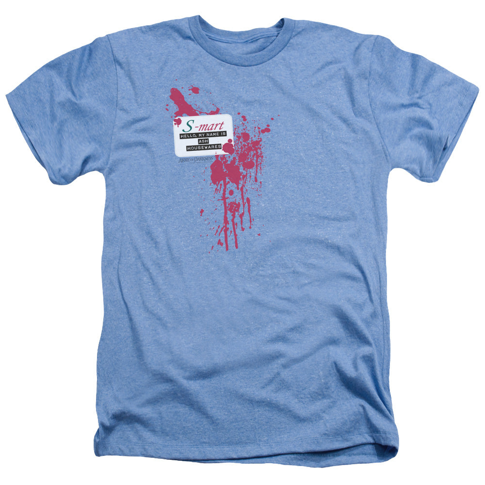 AN OFFCIALLY LICENSED ARMY OF DARKNESS S MART NAME TAG MEN'S HEATHER T-SHIRT LIGHT BLUE