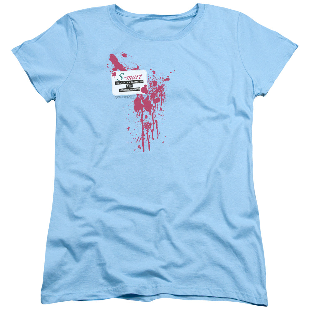 AN OFFCIALLY LICENSED ARMY OF DARKNESS S MART NAME TAG WOMEN'S REGULAR FIT T-SHIRT LIGHT BLUE