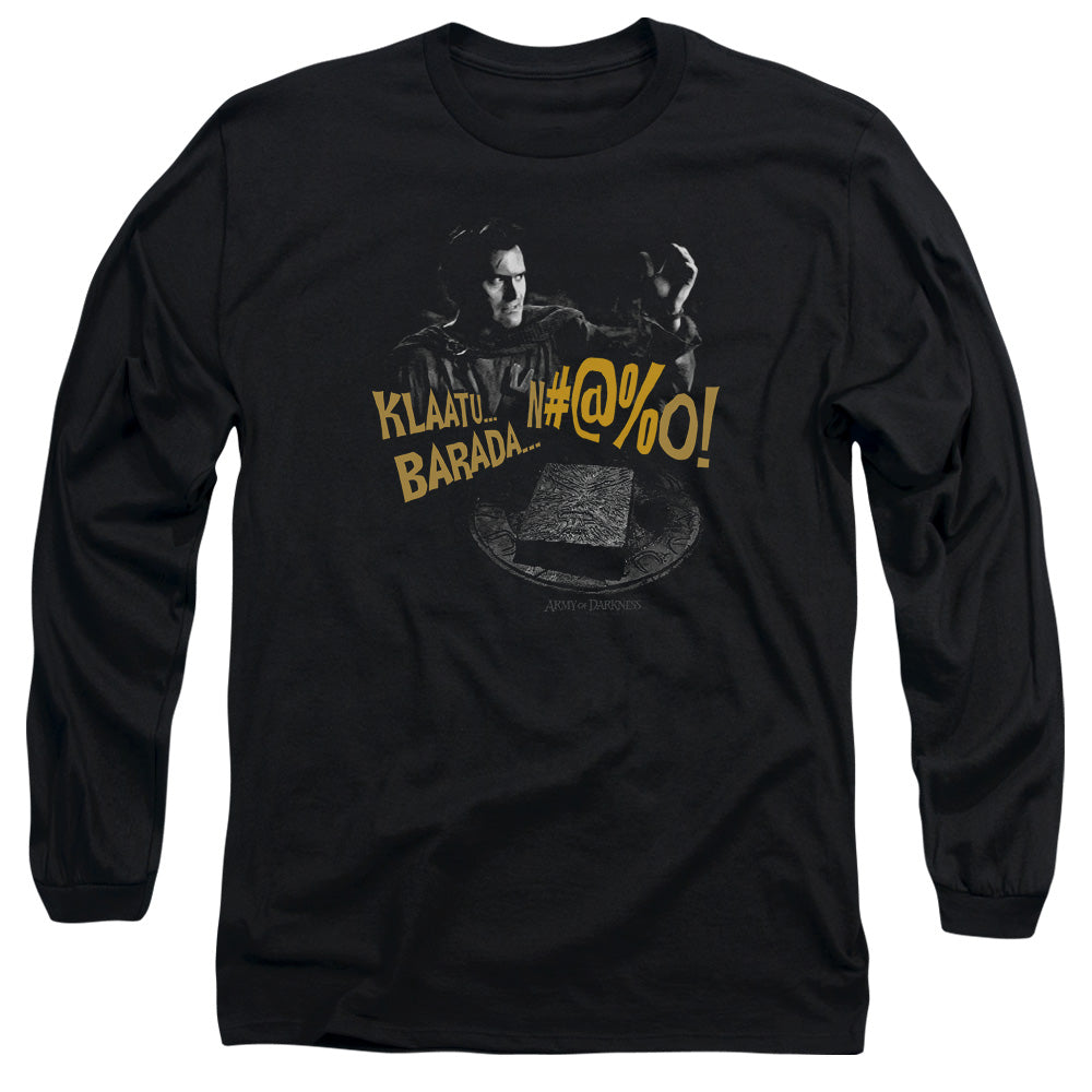 AN OFFCIALLY LICENSED ARMY OF DARKNESS KLAATU...BARADA MEN'S LONG SLEEVE T-SHIRT BLACK