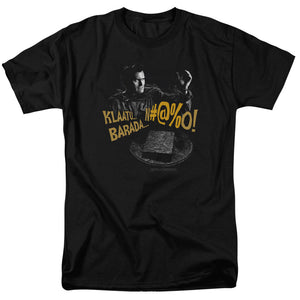 AN OFFCIALLY LICENSED ARMY OF DARKNESS KLAATU...BARADA MEN'S REGULAR FIT T-SHIRT BLACK