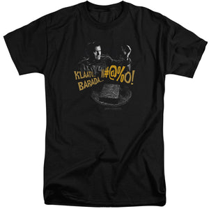 AN OFFCIALLY LICENSED ARMY OF DARKNESS KLAATU...BARADA MEN'S TALL FIT T-SHIRT BLACK