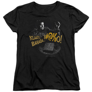 AN OFFCIALLY LICENSED ARMY OF DARKNESS KLAATU...BARADA WOMEN'S REGULAR FIT T-SHIRT BLACK