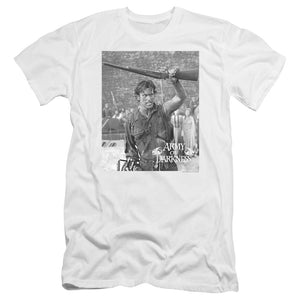 AN OFFCIALLY LICENSED ARMY OF DARKNESS BOOM MEN'S PREMIUM SLIM FIT T-SHIRT WHITE